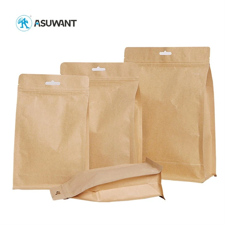 Coffee Food Packing Kraft Paper Doypack Zip Lock Flat Bottom Bag With Valve